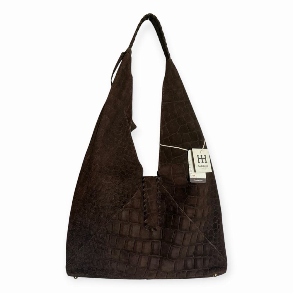 Haute Hippie Triangle Hobo Bag Brown Croc-Embossed Suede Leather Shoulder Purse - Picture 3 of 9